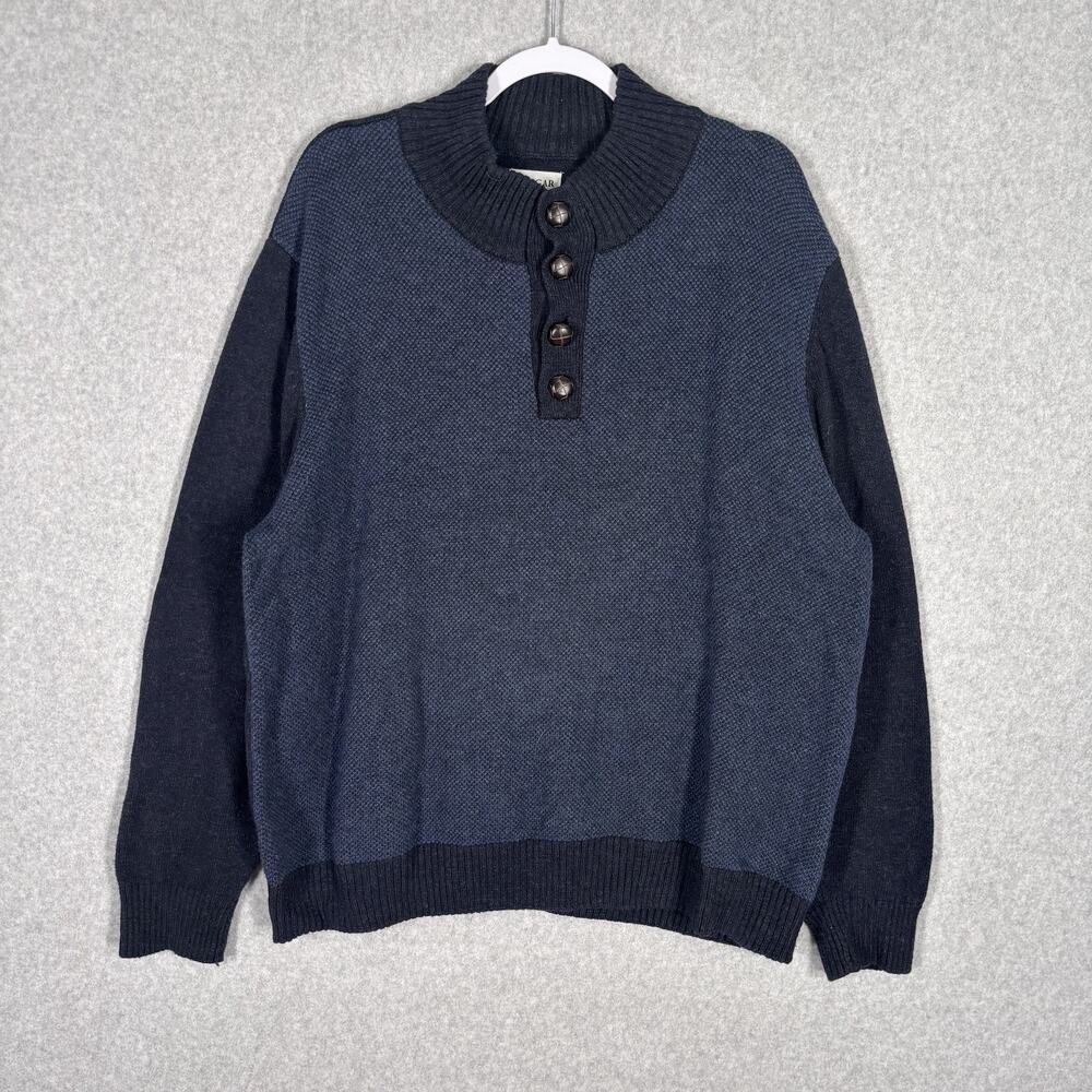 Haggar Fisherman Sweater Mens XXL Navy 1/4 Button Mock Neck Cotton Wool‎ Waffle